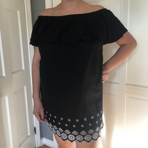 Black and White Off the Shoulder Eyelet Dress